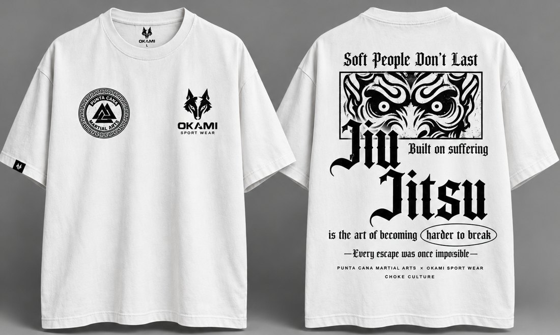 Camiseta oversize blanca Jiu Jitsu, frente y espalda